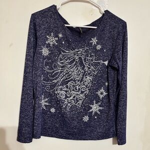 Forever Jade Navy Angel Graphic Long Sleeve Top Christmas Sparkle